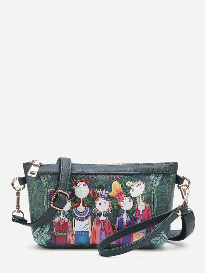 Shein Cartoon Print Pu Crossbody Bag With Adjustable Strap