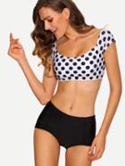 Shein Contrast Polka Dot Print Crop Rash Guard Swimwear