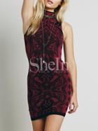 Shein Burgundy Sleeveless Vintage Print Bodycon Dress