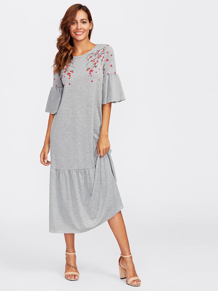 Shein Flower Blossom Print Fluted Sleeve Tiered Hem Dress
