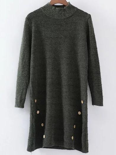 Shein Army Green Button Detail Crew Neck Sweater Dress