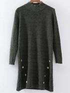 Shein Army Green Button Detail Crew Neck Sweater Dress