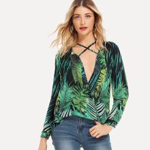 Shein Criss Cross Tropic Print Blouse