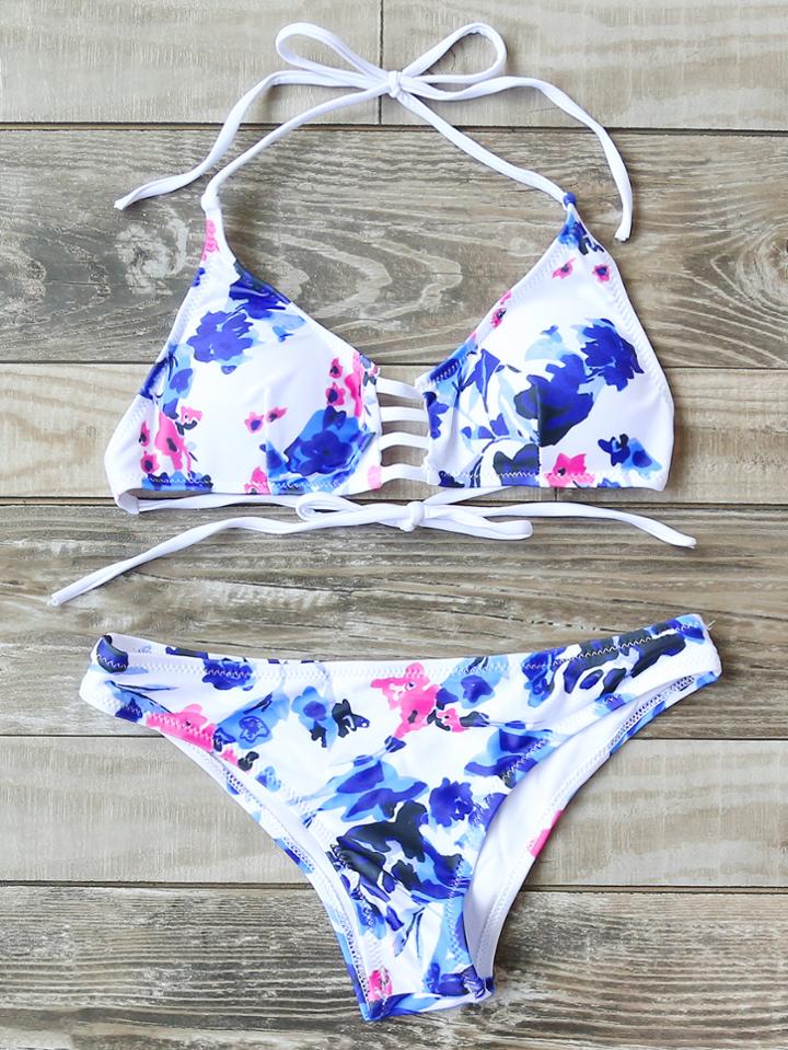 Shein White Printed Ladder Cutout Halter Bikini Set