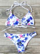 Shein White Printed Ladder Cutout Halter Bikini Set