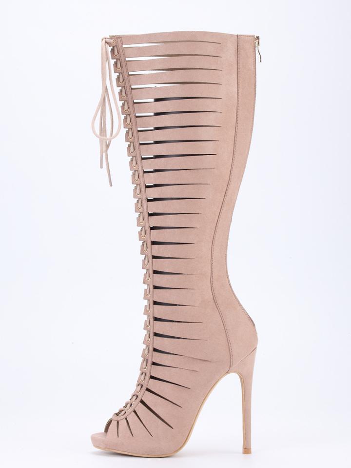 Shein Brown Satin Strappy Peep Toe Knee High Heels