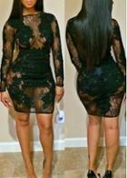 Rosewe Long Sleeve Lace Embroidery Black Bodycon Dress
