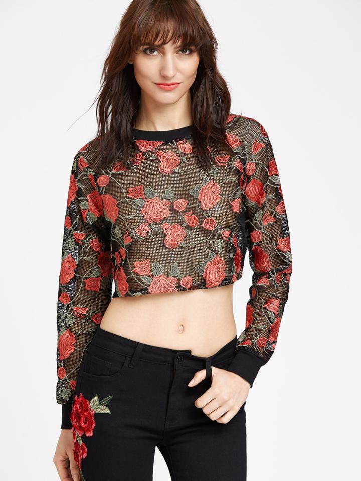 Shein Black Rose Embroidered Crop Fishnet Sweatshirt
