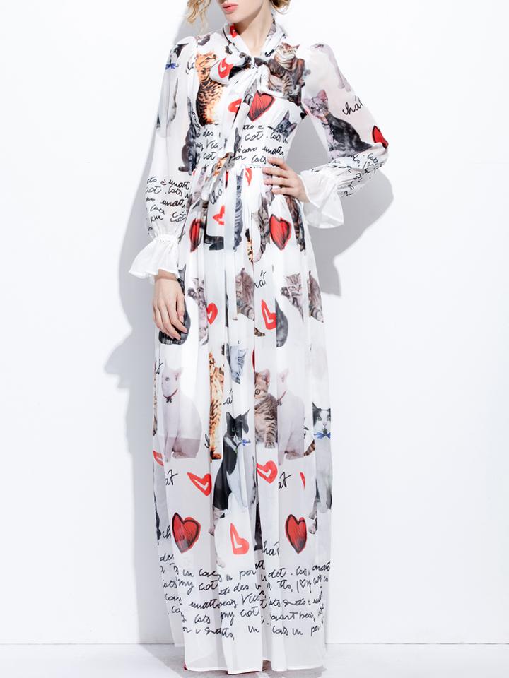 Shein Bowtie Cats Hearts Print Bell Sleeve Dress