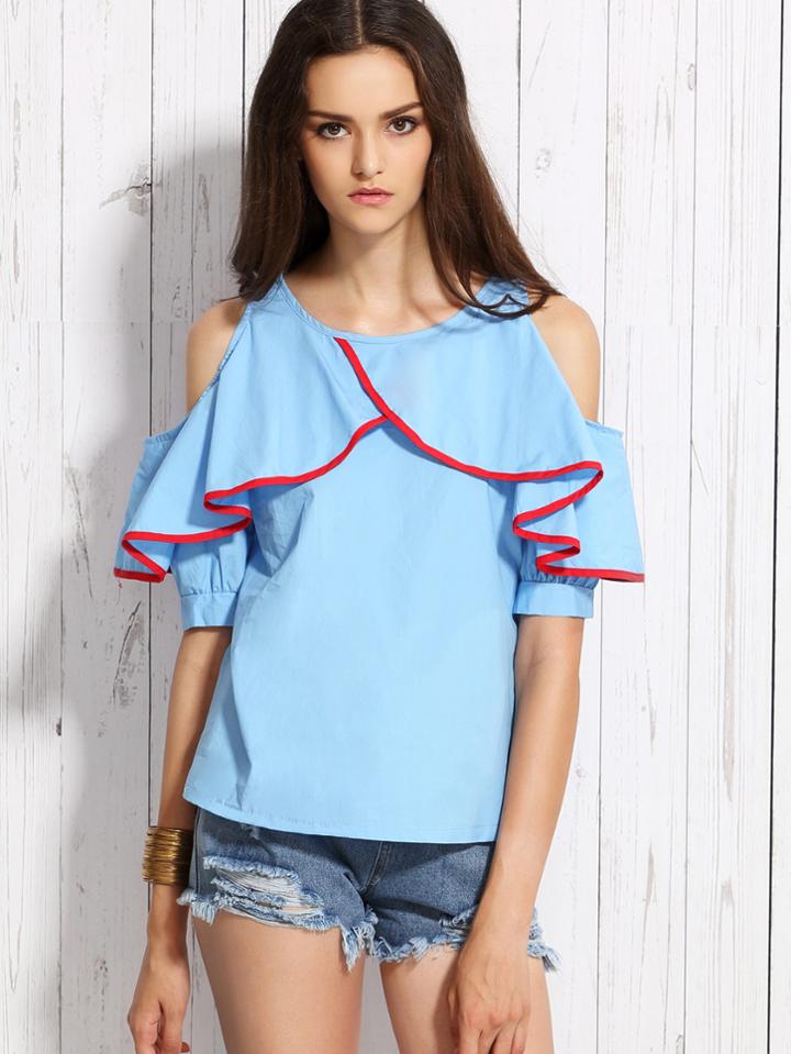 Shein Blue Open Shoulder Contrast Trim Ruffle Top