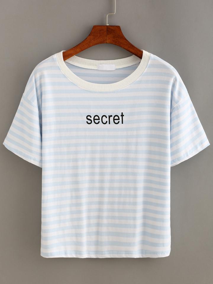 Shein Ribbed Neck Striped Letter Print T-shirt - Baby Blue
