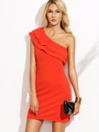 Shein Orange One Shoulder Ruffle Sheath Dress