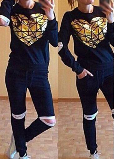 Rosewe Heart Pattern Top And Hollow Knee Pants