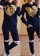 Rosewe Heart Pattern Top And Hollow Knee Pants