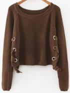 Shein Coffee Eyelet Lace Up Loose Sweater