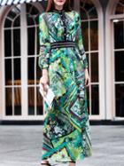 Shein Green Crew Neck Beading Print Maxi Dress