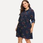 Shein Plus Button Placket Roll Tab Sleeve Floral Smock Dress