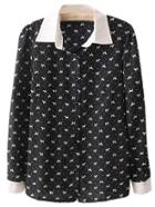 Shein Black Long Sleeve Contrast Lapel Dogs Printed Blouse