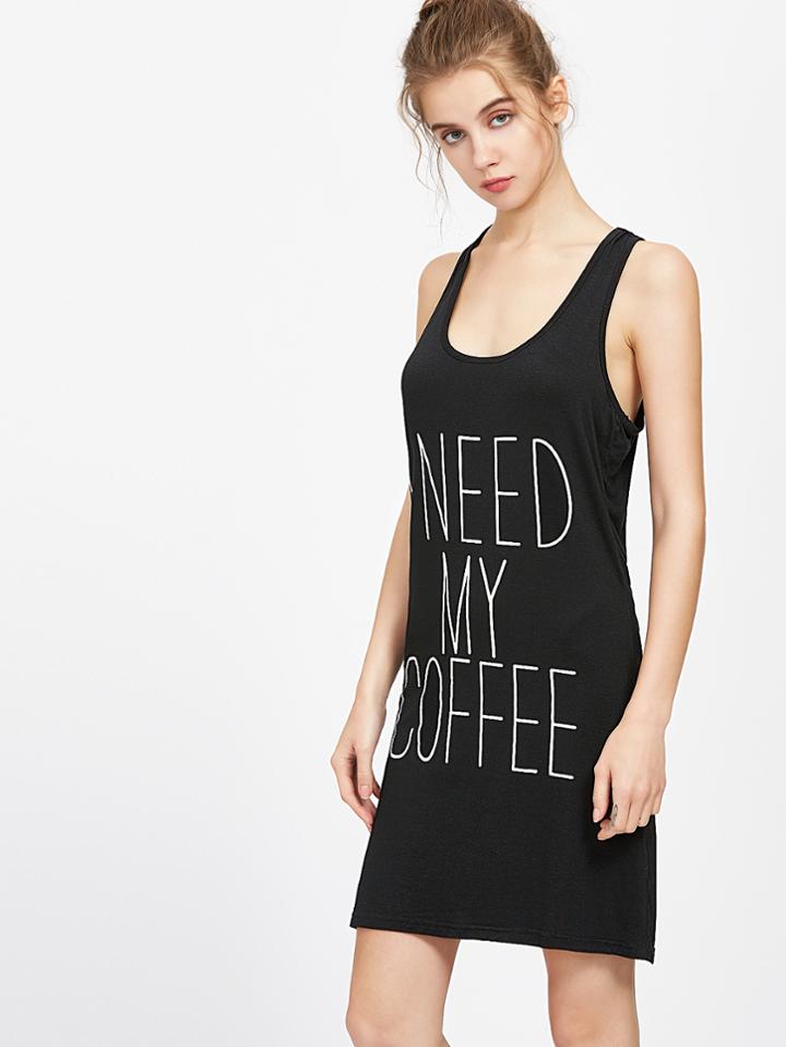 Shein Black Slogan Print Tank Night Dress