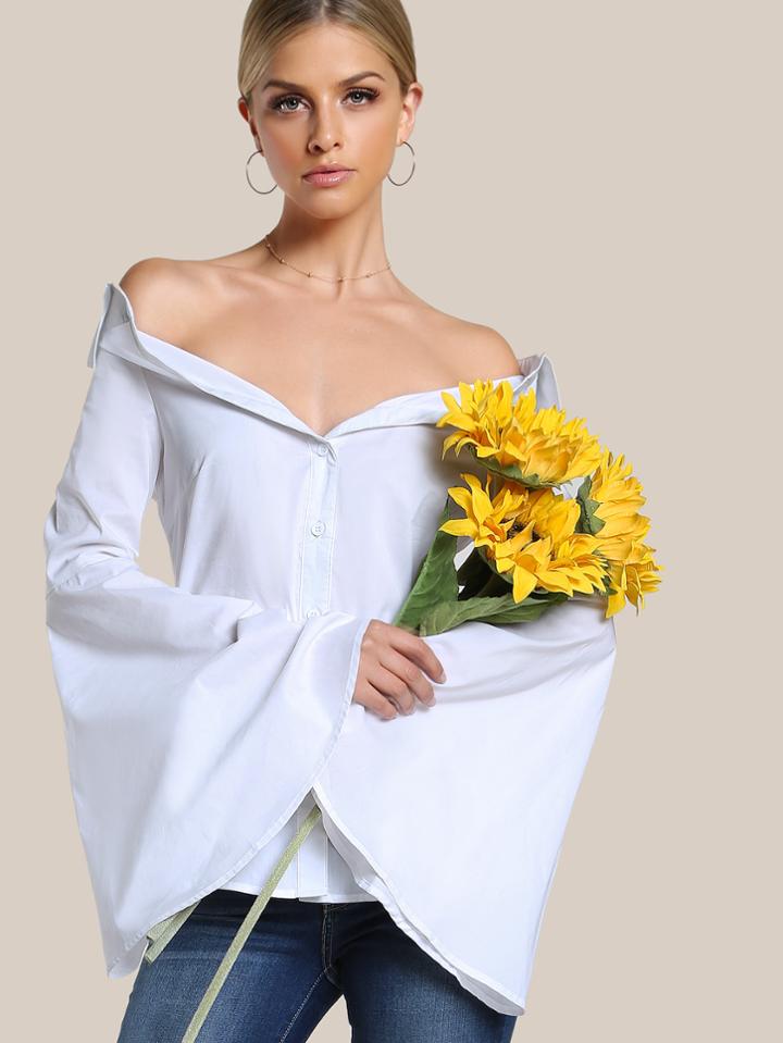 Shein Off Shoulder Trumpet Sleeve Button Up Top