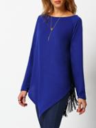 Shein Blue Round Neck Asymmetrical Tassel T-shirt