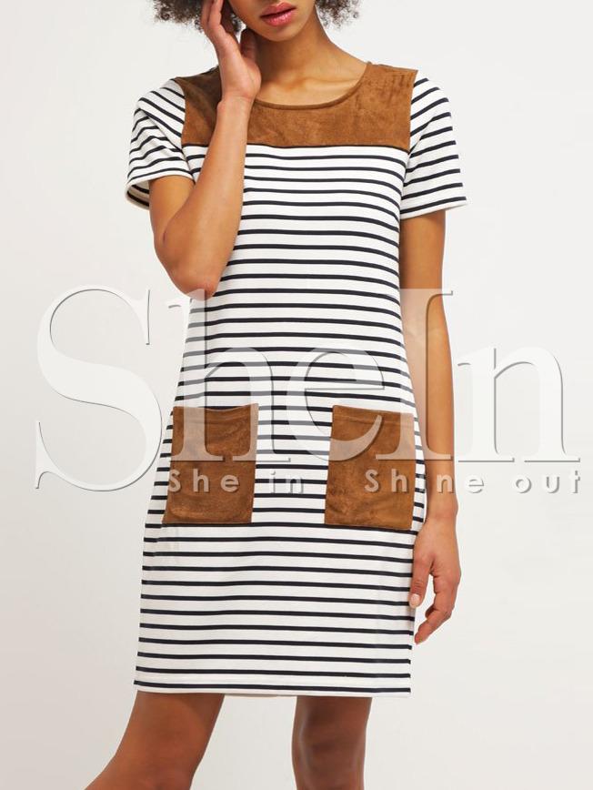Shein Black White Stripe Contrast Pockets Casual Dress
