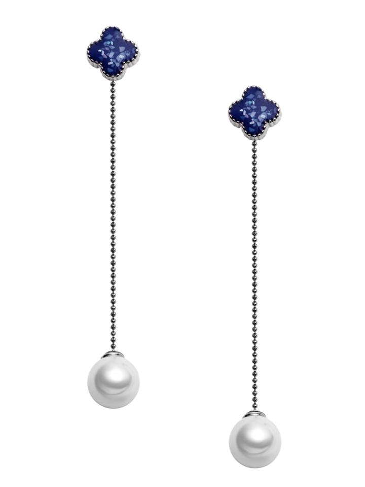 Shein Blue Four Leaf Clover Faux Pearl Drop Earrings