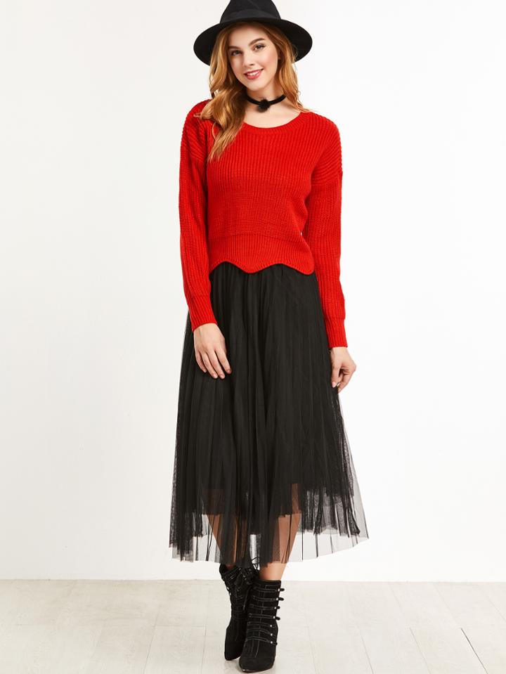 Shein Red Wave Hem Drop Shoulder Sweater