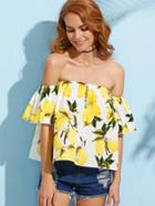 Shein Yellow Lemon Print Off The Shoulder Blouse