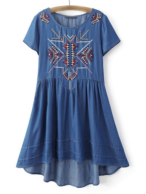 Shein Dark Blue Embroidery Dipped Hem Dress