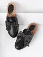 Shein Bow Tie Pu Flat Mules With Faux Fur