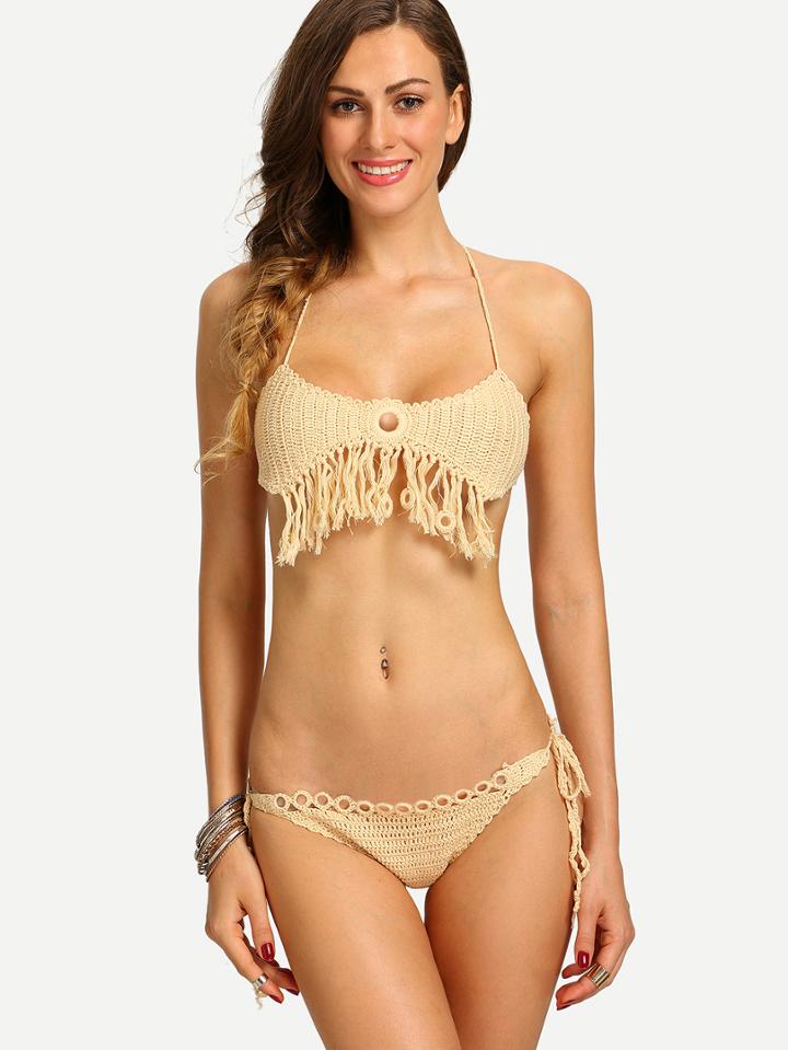 Shein Ring Accent Fringe Trimmed Crochet Bikini Set - Apricot