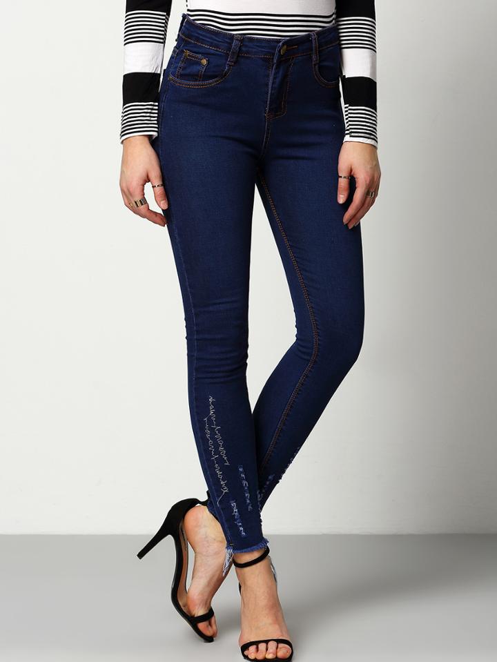 Shein Navy Pockets Embroidered Fringe Denim Pant
