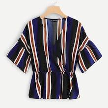 Shein Plunging Neck Striped Ruffle Top