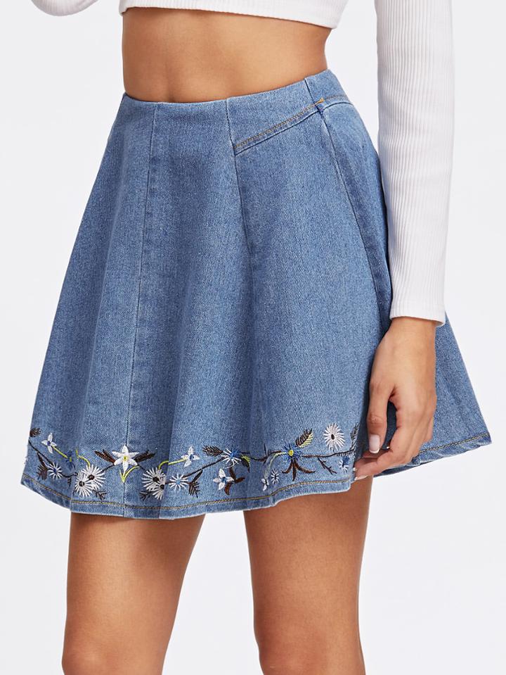 Shein Botanical Embroidered Denim Box Pleated Skirt