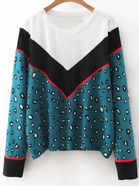 Shein Multicolor Round Neck Chevron Print Leopard Knitwear