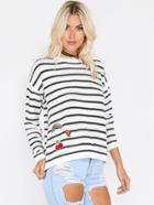 Shein White Striped Drop Shoulder Sweater With Embroidered Patch