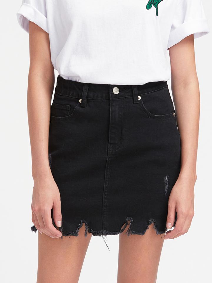 Shein Vented Side Raw Hem Denim Skirt