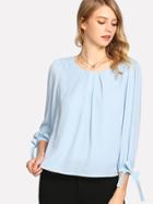 Shein Tie Cuff Pleated Neck Top