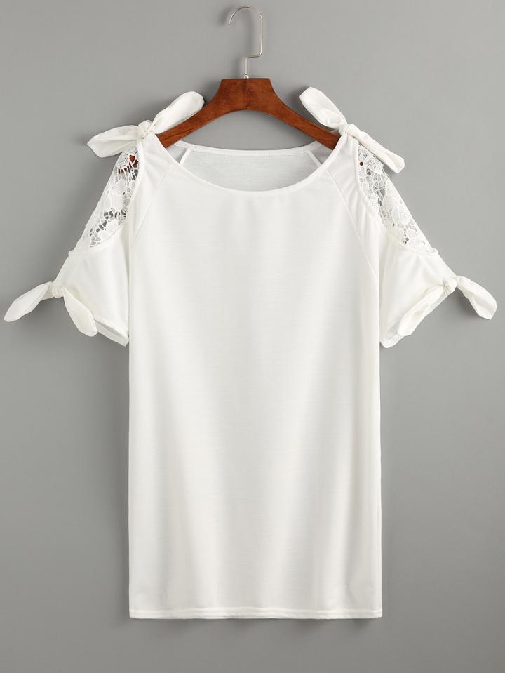 Shein White Lace Insert Tie Sleeve T-shirt