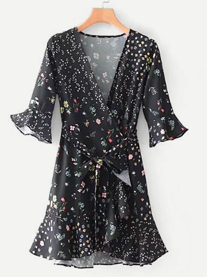 Shein Calico Print Self Tie Wrap Dress