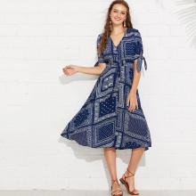 Shein Patchwork Print Knot Cuff Shirred Waist Dress