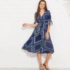 Shein Patchwork Print Knot Cuff Shirred Waist Dress