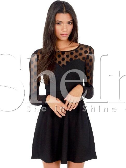 Shein Black Long Sleeve Spotty Polka Dot Pleated Dress