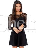 Shein Black Long Sleeve Spotty Polka Dot Pleated Dress