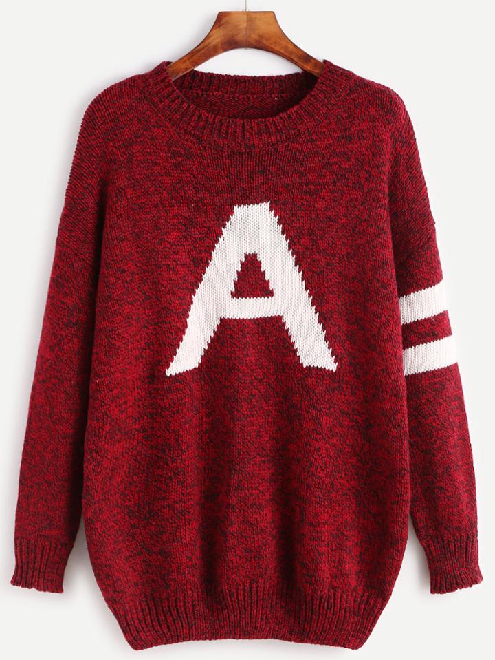 Shein Burgundy Letter Pattern Striped Trim Sweater