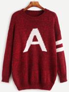 Shein Burgundy Letter Pattern Striped Trim Sweater