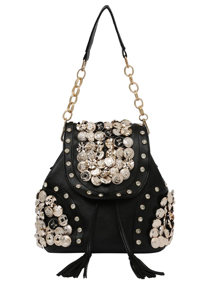 Shein Carved Button & Rhinestone Studded Backpack