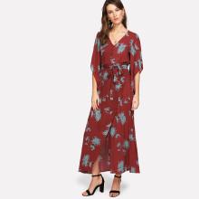 Shein Half Placket Split Back Overlap Botanical Dress