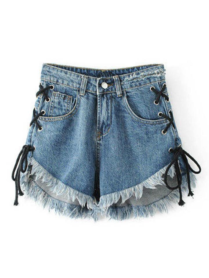 Shein Raw Hem Eyelet Lace Up Denim Shorts